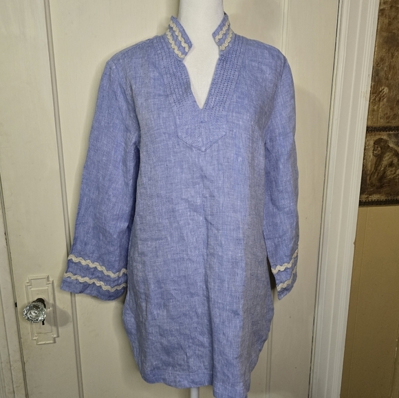 Chicos Linen Embrioderd Tunic Top Blue with White Accents Size 0.5 (6) - Picture 8 of 10